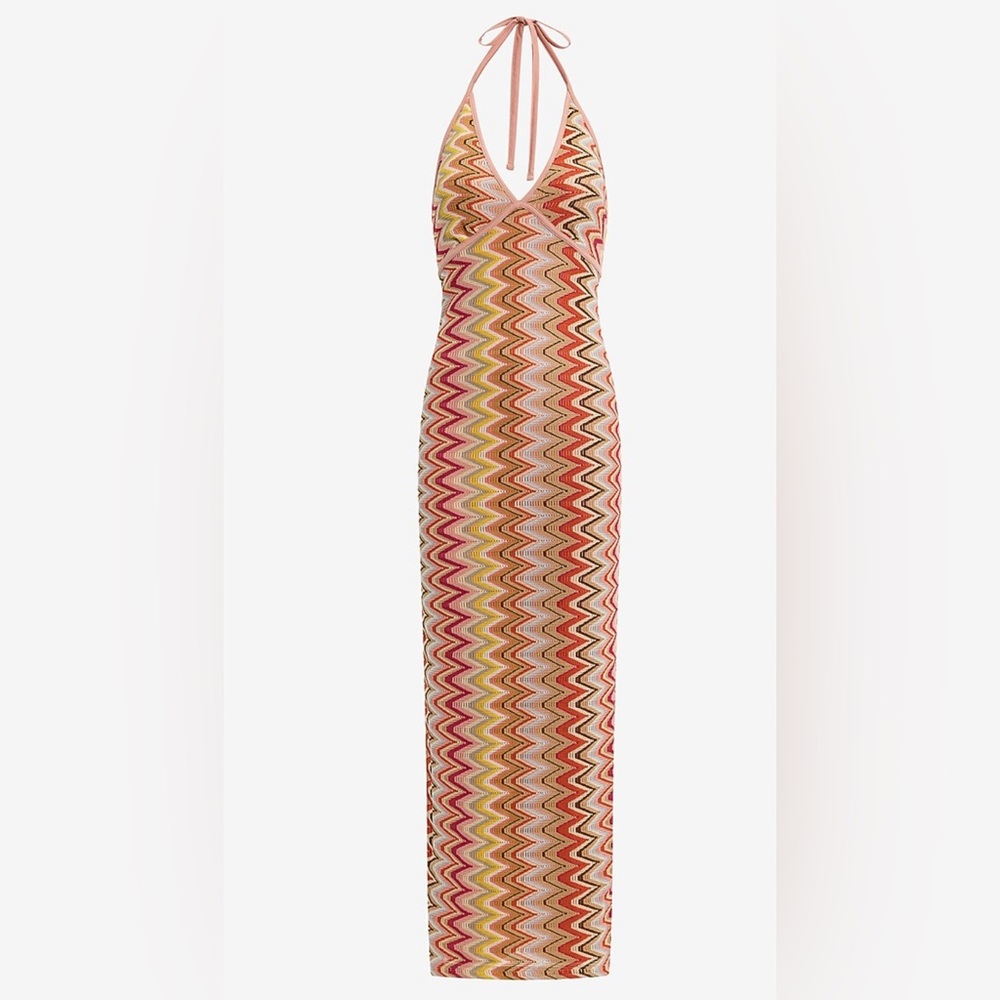 Express Printed Crochet Halter V-Neck Maxi Dress Size L